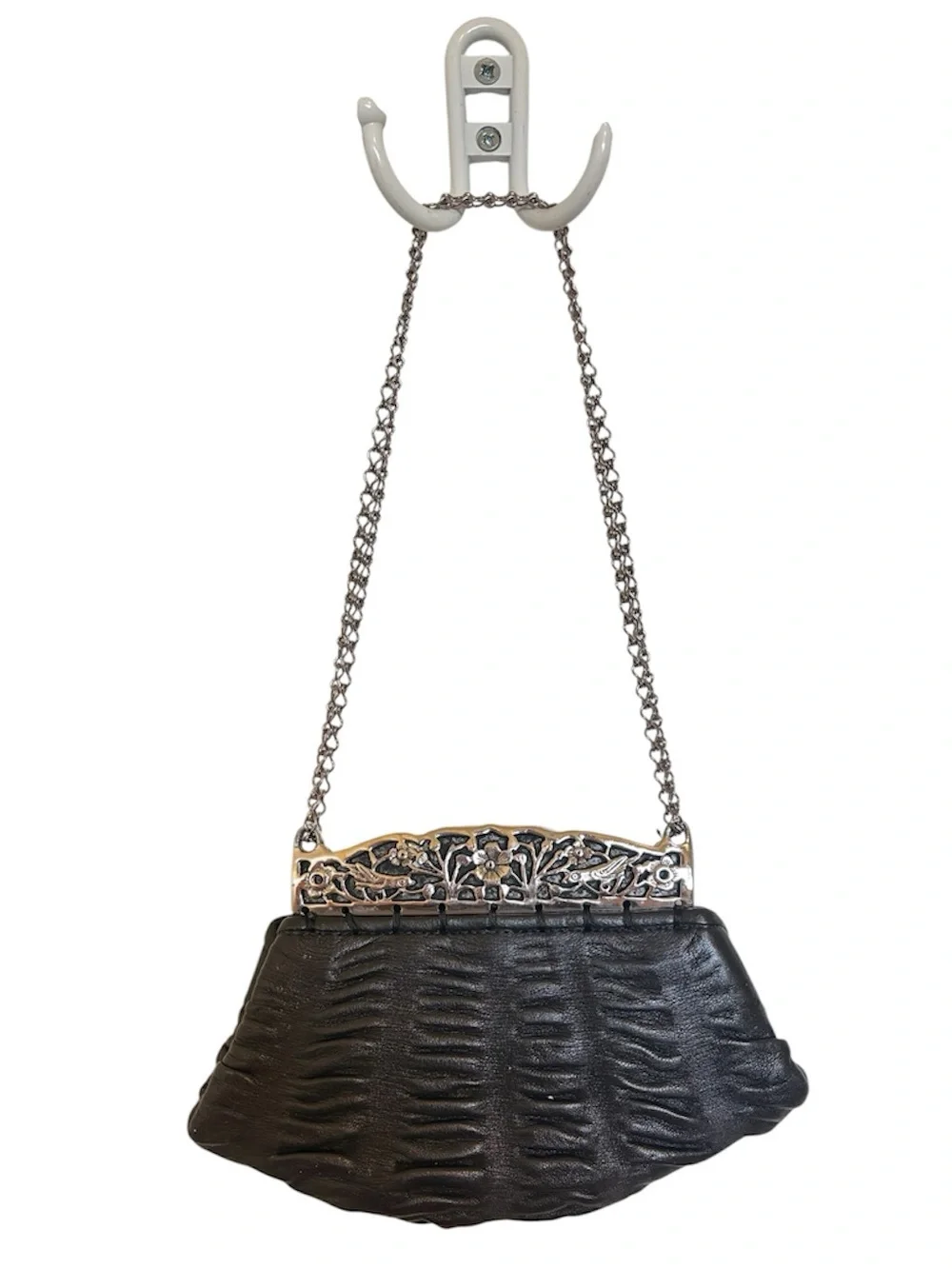 Glen Miller 90’s Leather and Metal Evening Clutch with Ornate Silver Frame